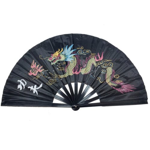 Leque Oriental Japonês Tai Chi Dragão Preto