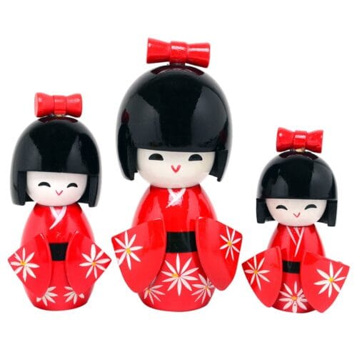 Conj. 3 Boneca Kokeshi Madeira Decoração Oriental Vermelha KKVM