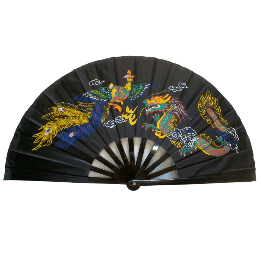 Leque Oriental Japonês Tai Chi Preto Dragão/Pavão Colorido - Imagem 1