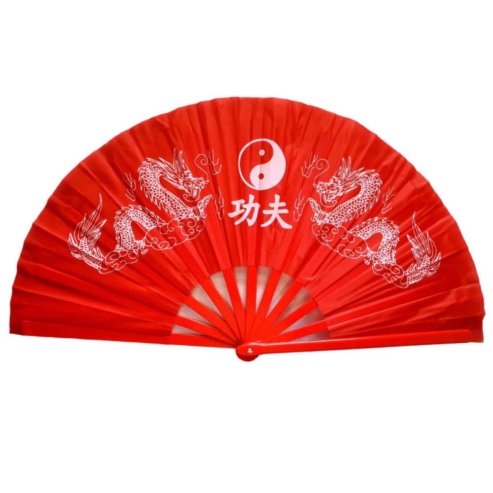 Leque Oriental Japonês Tai Chi Vermelho Dragão Branco - Imagem 1
