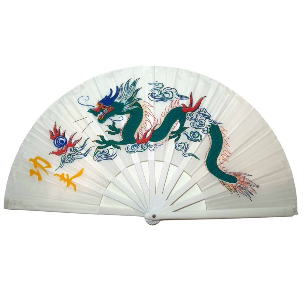 Leque Oriental Japonês Tai Chi Chuan Dança Oriental Branco Dragão Colorido - Imagem 1