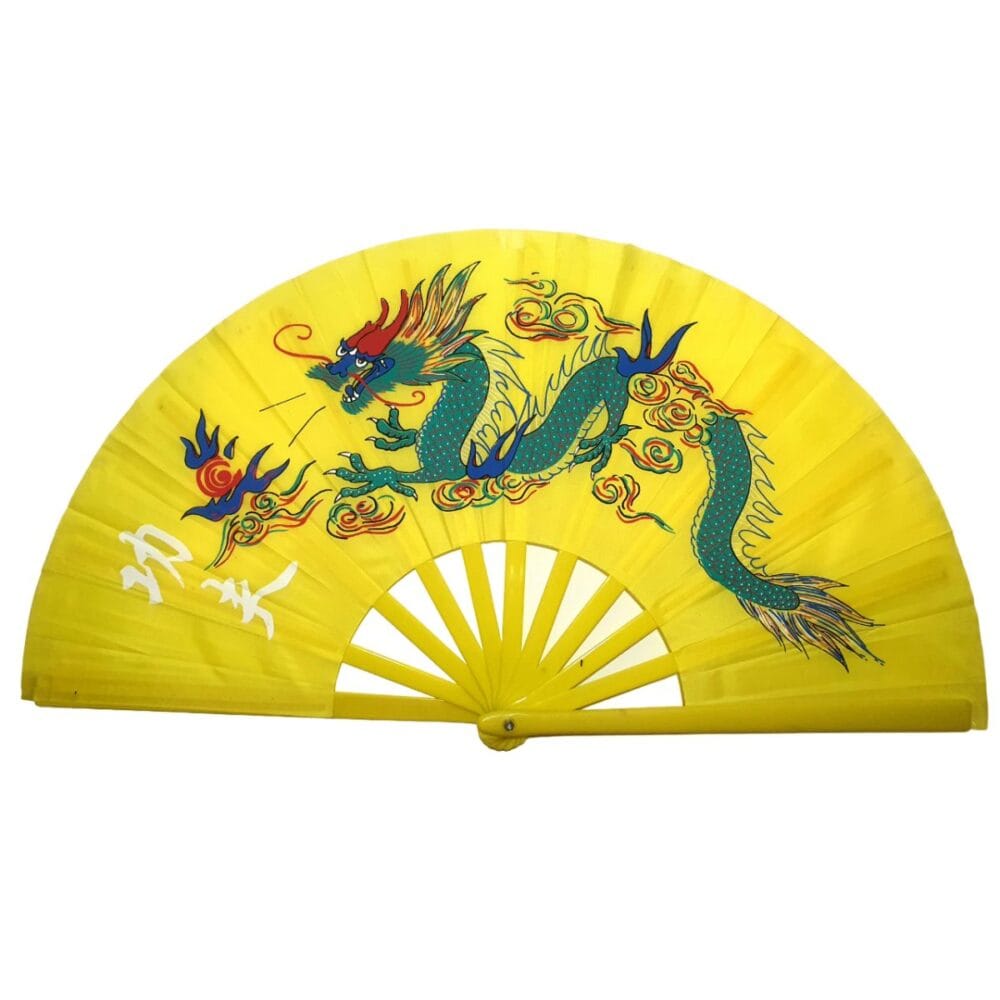 Leque Oriental Japonês Tai Chi Chuan Amarelo Dragão Colorido - Imagem 1
