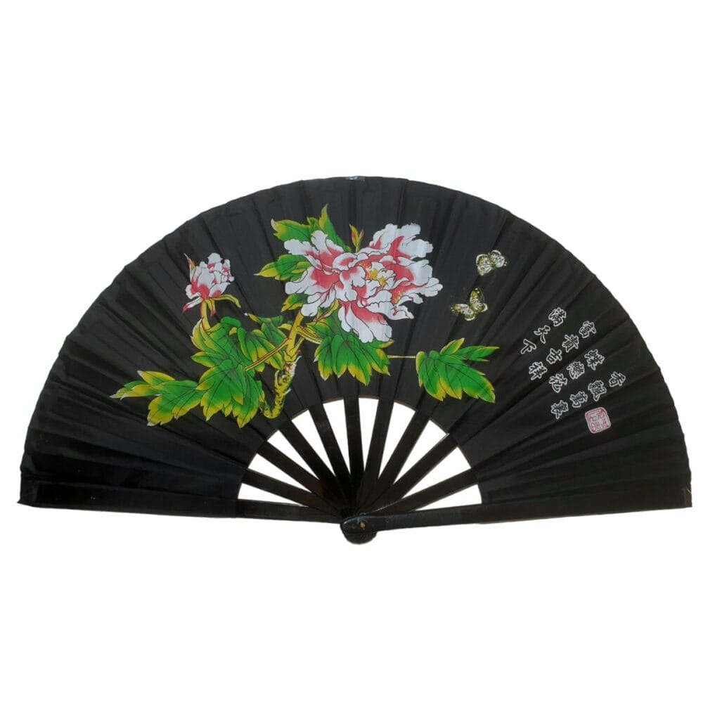 Leque Oriental Japonês Tai Chi Chuan Preto Flor Peônia Rosa - Imagem 1