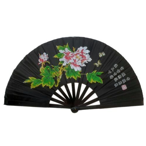 Leque Oriental Japonês Tai Chi Chuan Preto Flor Peônia Rosa